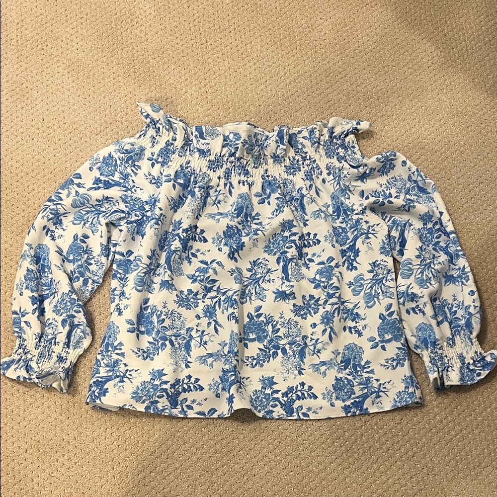 Floral Blue and White Womens Off the Shoulder Top
